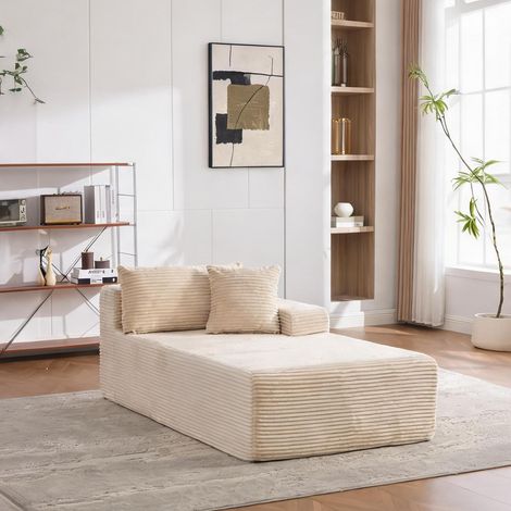 Canapé lounge 3 places en tissu chenille beige avec coussin (1/5)