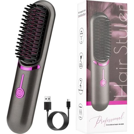 Peigne Chauffant. Brosse lissante sans fil. portable et pratique pour les voyages. rechargeable par USB. 5 400mAh. ion négatif. chauffante. pour femmes et hommes (Noir) (1/5)
