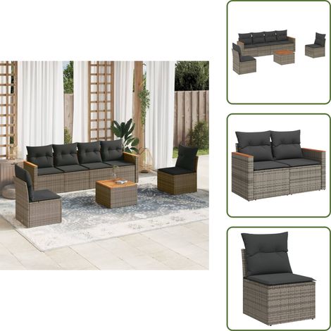 7-tlg. Garten-Sofagarnitur mit Kissen Grau Poly Rattan - Gartensorte - Gartenmöbelset - Lounge Set - Outdoor Furniture - Rattan Gartenmöbel (1/5)