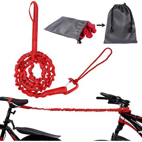 Corde de Remorquage de Vélo pour Enfants, 3 m, Auto-Rétractable, Capacité de Charge de 225 kg, Élastique, Sangle de Remorquage avec Sac de Rangement pour Enfants, Vélo, VTT ou VTT, Rouge (1/5)
