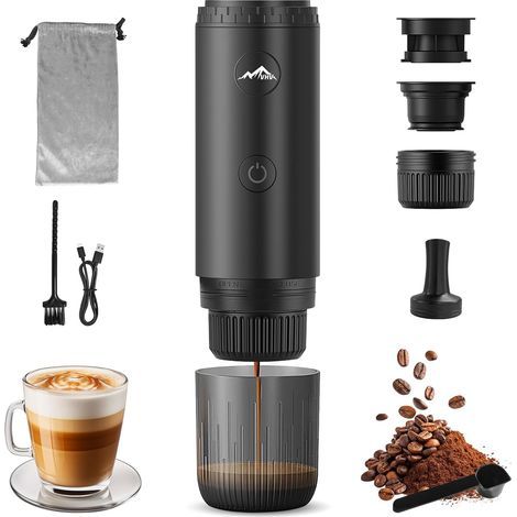 Tragbare Kaffeemaschine, 3-in-1-Kaffeemaschine, kompatibel mit Espressokapseln und gemahlenem Kaffee, wiederaufladbar für Reisen, Camping, Auto, Zuhause (Schwarz) (1/5)
