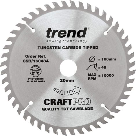Trend Lama per sega circolare CraftPro TCT, diametro 160 mm x foro 20 mm x 48 denti, lama per sega a taglio fine per seghe circolari manuali, CSB/16048A