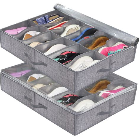 Lot de 2 Sac De Rangement pour Chaussures avec fenêtre Transparente - Organiseur à Chaussures pour Rangement 12 Compartiments boîte de Rangement sous Le lit, Lin Gris, (1/4)