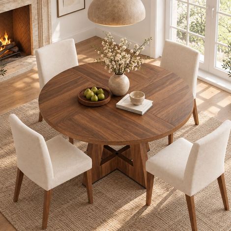 Table à Manger 120 x 120 cm format rond convient à 4–6 personnes style classique style scandinave minimaliste coloris noyer (1/3)