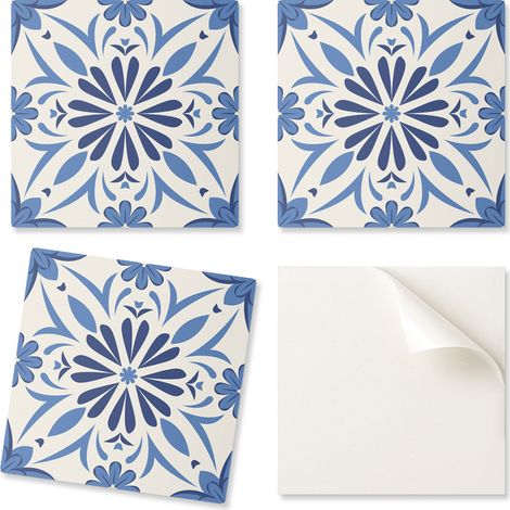 Paquete de baldosas de vinilo de f谩cil instalaci贸n con estampado floral sobre fondo de 4x50x50 cm.