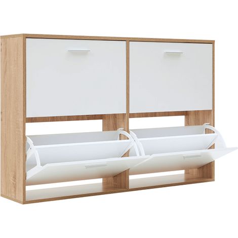 CASABEL Meuble à Chaussures 4 Abattants, 24 Paires, Blanc & Bois (1/5)