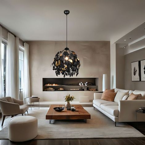 Hängeleuchte Wohnzimmerleuchte Hängelampe Esszimmerleuchte Pendellampe Deckenleuchte, Metall Kunststoff schwarz Blattdesign, 1x E27, H 150 cm