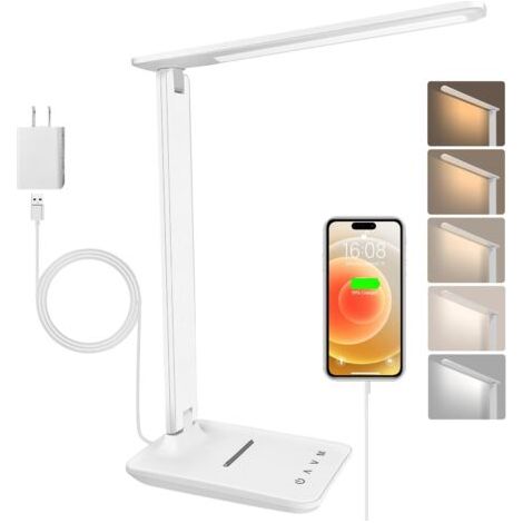 BUNTHAUS Lampe de Bureau LED avec Adaptateur, Pliable Lampe de Chevet Dimmable avec 5 Modes de Couleur et 5 Niveaux de Luminosité, Port de Charge USB, Pour Lecture Travail (Blanc-avec Adaptateur) [Cla (1/5)