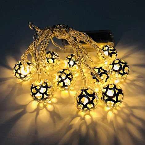 Guirlande Lumineuse Boules Motif Marocain - 10 ou 20 LED Chaudes - Pour Intérieur Jardin Fêtes Automnales Noël Halloween - 2,5 cm - Alimentation Piles AA (1/5)
