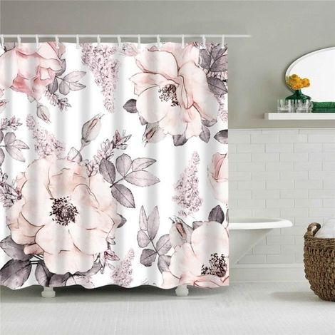(41/180180 cm) Wasserabweisender Polyester-Duschvorhang mit bunten Palmenblüten-Motiven, inklusive Haken.