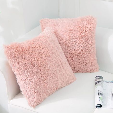 Housse de coussin décorative en fausse fourrure polaire douce de luxe, sans insert, 45 x 45 cm, rose, lot de 2 (1/5)