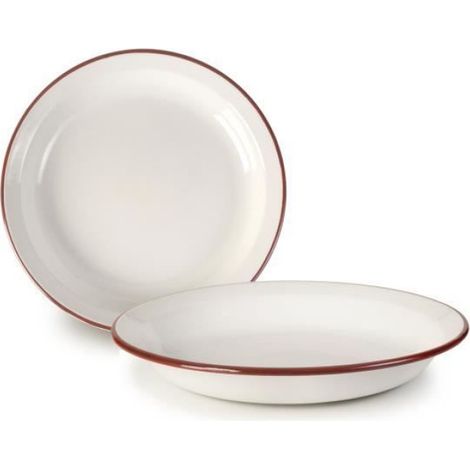 Assiette Émaillée - 28 x 28 x 4 cm - Blanc Avec Bordure Bordeaux - Pour Service Table - 1 Pièce