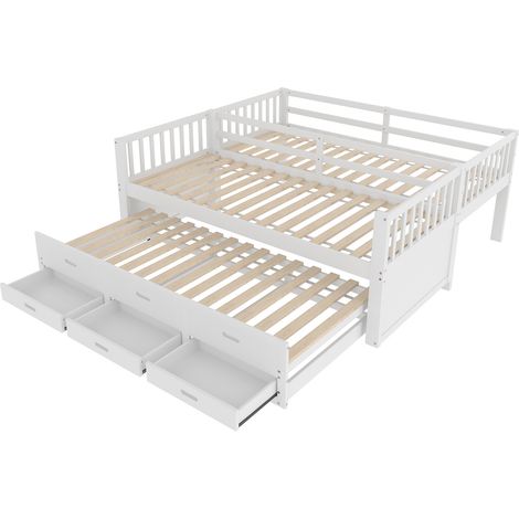 Lit superposé enfant 90 x 200 cm en pin et MDF avec lit gigogne et 3 tiroirs blanc (1/5)