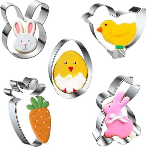 5pcs emporte-pièces de Pâques en métal, en acier inoxydable, en forme de poussin, de carotte, d'œuf, de lapin, pour pâtisserie sur (1/5)
