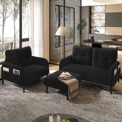Conjunto de sofá de 3 piezas en pana con sillón, puf y bolsillo lateral negro DESVIAE (1/5)