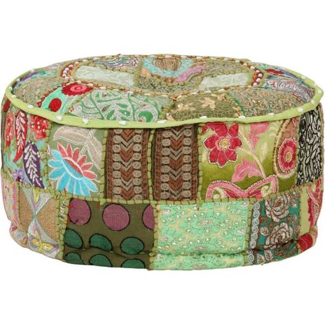 Pouf Rond en Coton 40 x 20 cm - Coussin de Sol Artisanal Vert pour Salon et Chambre (1/5)