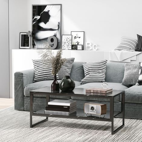 Tavolino da Caffè Nero, Tavolino Effetto Marmo con Ripiano Inferiore, da Soggiorno o Ufficio, Design Moderno, Telaio in Acciaio, 106x50x45cm, Nero (1/5)