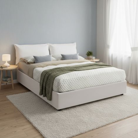 Dmora - Cama matrimonial Dcutrone, Cama contenedor con tapizado en ecopiel, 100% Made in Italy, Apertura frontal, con colchón Cm 140x200 incluido, Blanco (1/5)