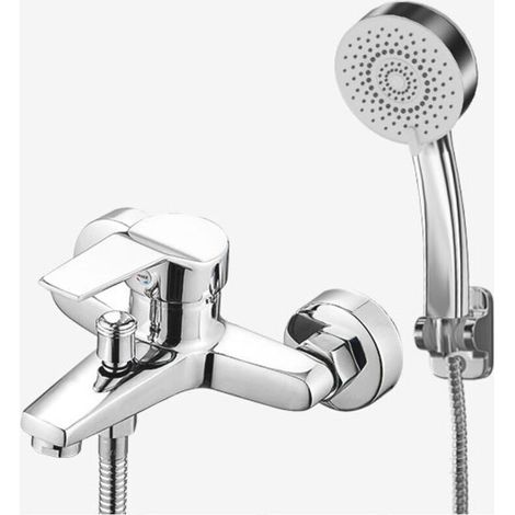 Mitigeur bain-douche, robinet de bain avec douchette et flexible, support, chrome, argent