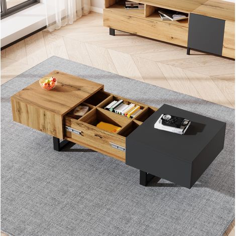 Table basse coulissante 155x55x40 cm naturel en panneau de particules avec rangement et design moderne (1/5)