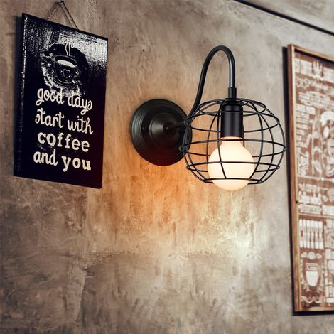 Cage Applique Murale Vintage Rétro en Métal Applique Lampe Abat-jour E27 pour Cuisine Salon Chambre Loft Noir (1/5)