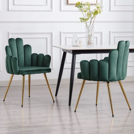 Wahson Lot de 2 chaises de salle à manger en velours vert – Pieds en métal doré – Dossier ergonomique et accoudoirs confortables