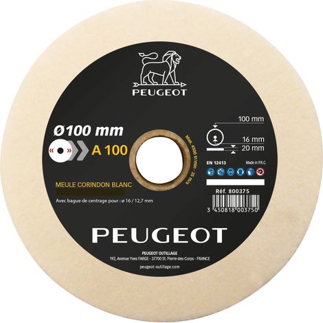 Peugeot – Meule à touret corindon blanc 100 mm – Diamètre d'alésage 20 mm – Grain 100 pour finition précise sur métaux et bois dur
