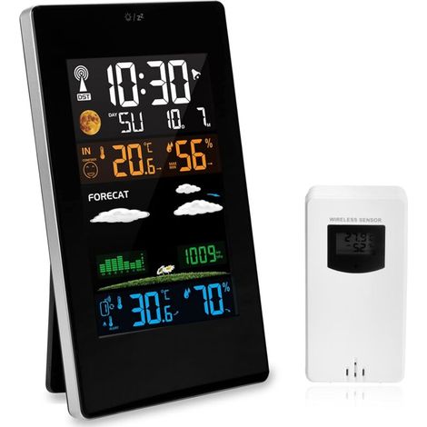 Drahtlose Wetterstation mit Außensensor, Multifunktions-Digitalfunk-Farbdisplay DCF, Innen-Außen-Hygrometer-Thermometer mit Wettervorhersage