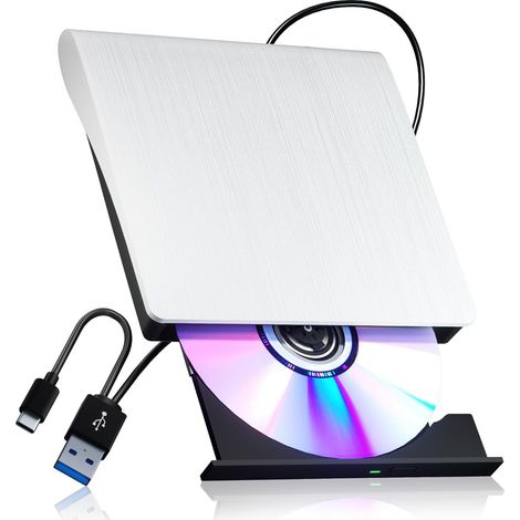 Lecteur DVD externe — Lecteur DVD/CD portable avec USB 3.0/Type-C — Lecteur optique externe ultra-fin — Appareil portable de lecture et de gravure pour ordinateurs portables Windows et Mac