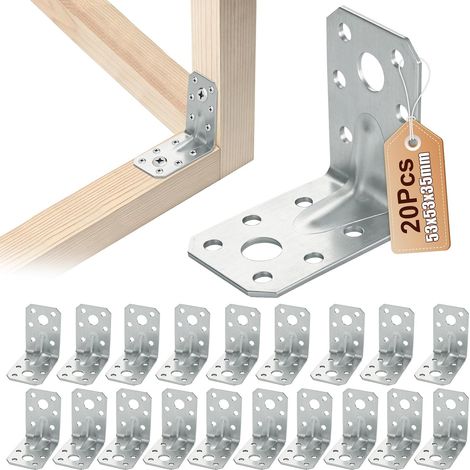 Lot de 20 connecteurs d'angle 53 x 53 x 35 mm pour charges lourdes avec rainure, en métal en fer galvanisé, angle en métal argenté à 90 degrés, connecteurs de poutre pour fixations de meubles et coins (1/5)