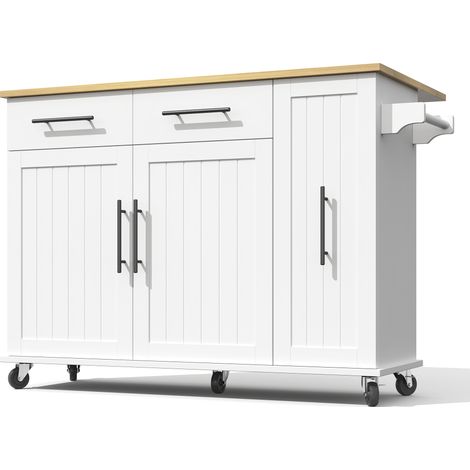 Isla de cocina con tablero abatible, MDF blanco y natural, 2 cajones (1/5)