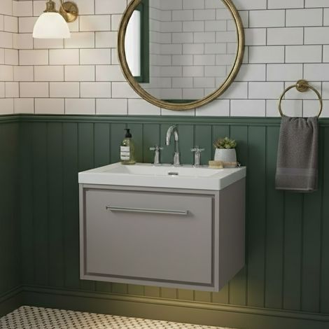 Hudson Reed Lille Wall Hung 1-Drawer Vanity Unit with 3TH Contemporary Basin 600mm Wide - Pebble Grey