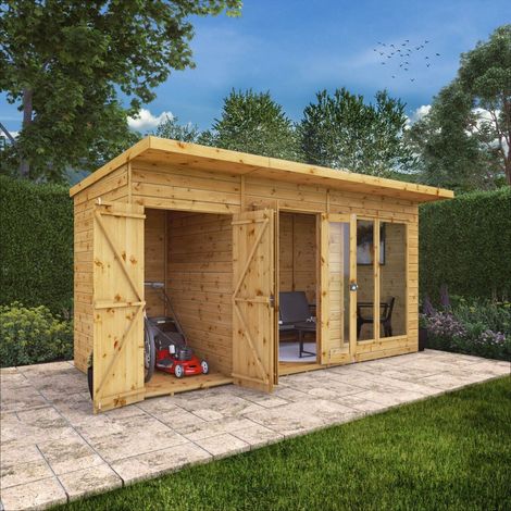 14 x 6 Feet Maine Pent Summerhouse with Side Shed - Timber - L233.1 x W417.4 x H217 cm - Brown (1/5)