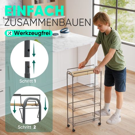 Sekey Beistellwagen Rollwagen mit 4 Ebenen, schmaler Küchenwagen mit Rollen, vielseitiger Haushaltswagen für Küche & Wohnzimmer, werkzeugfrei, 19 x