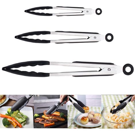 Pince de Cuisine Silicone,3 Pcs Pinces Cuisine Inox Résistant à la Chaleur Pince Barbecue Pince Alimentaire Cuisine avec Poignée Antidérapante en Silicone pour la cuisson au barbecue (1/5)