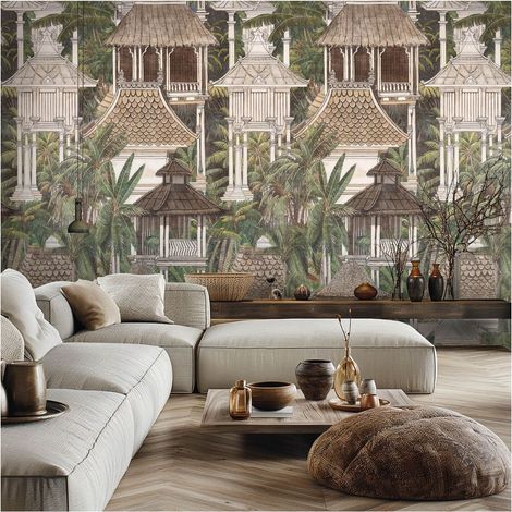 Photo wallpaper wall Profhome 790151 hot embossed non-woven wallpaper slightly textured with Asian pattern matt brown green grey beige cream 1,59 m x 2,8 m (1/5)
