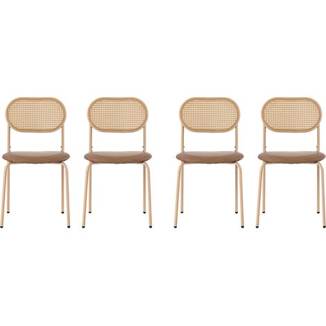 Set di 4 Sedie da Pranzo, Schienale Ovale in Rattan Naturale, Gambe in Metallo, per Sala da Pranzo, PU, Marrone (1/5)