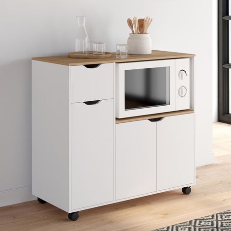 COSI Aparador XXL para microondas de cocina con cajón de madera blanca y estantes de haya L.90 CM (1/5)