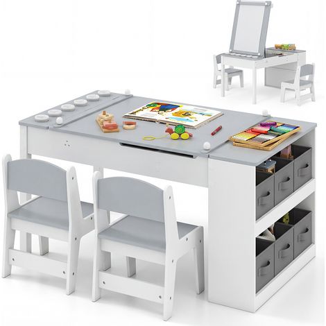 2-in-1 Children's Art Table and Easel Set with 2 Chairs, Multifunctional Toddler Wooden Table, Grey (1/5)