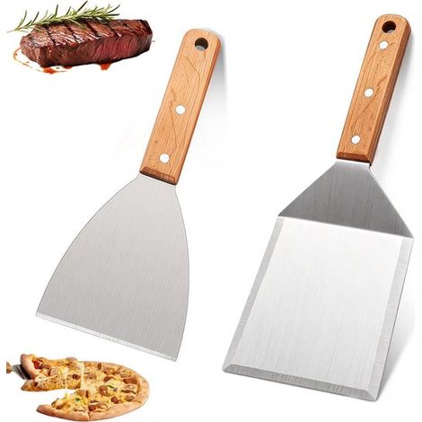 Set de 2 spatules de plancha – Acier inoxydable – Manche bois – 23 cm – Pour barbecue et teppanyaki (1/5)