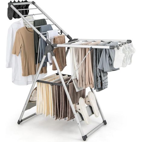 Costway – Étendoir à linge pliable en aluminium – 2 niveaux – Hauteur réglable 81-130 cm – 21 barres – 4 porte-chaussures – 10 pinces – Capacité 36 kg (1/5)