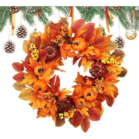 Couronne d'automne pour Porte d'Entrée Guirlande de Moisson - Couronne Artificielle avec Feuilles d'Érable et Baies pour Décoration Automne Halloween Récolte (1/5)