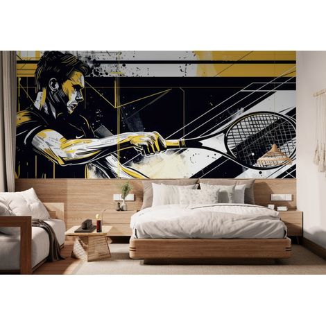 Papier peint sport – Tennisman dynamique abstrait noir jaune - 150 x 250 cm (1/2)
