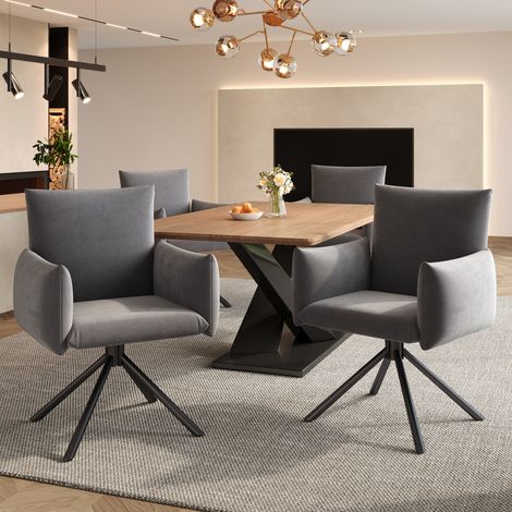 Lot de 4 fauteuils, en velours, gris, pour salon et salle à manger, chambre et bureau, pivotants 360°, soutien lombaire, 4 pieds métalliques