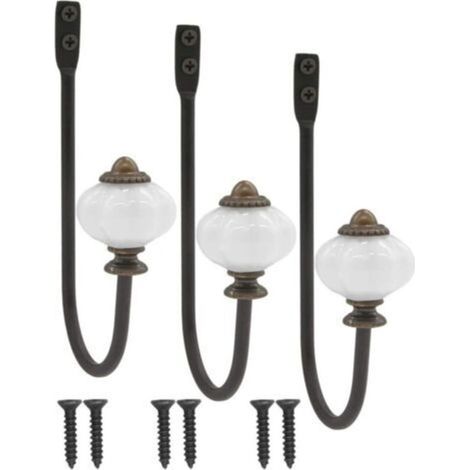Patère antique en fer avec tête en céramique et bord en laiton – Crochet mural vintage pour chapeaux, manteaux ou serviettes – Lot de 3 pièces style rustique