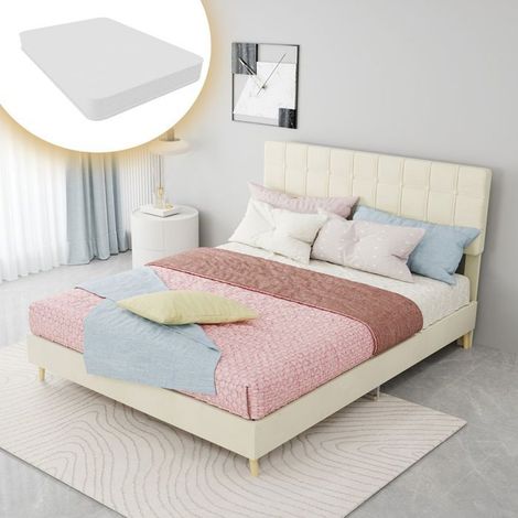 Lit double - SOGEU - Style luxe léger - 140x200 cm - Tête de lit capitonnée - Tissu beige (1/5)