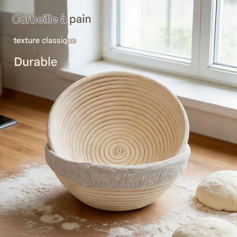 Panier de fermentation rond pour pain européen, fabriqué en rotin naturel indonésien, bol à main, panier en rotin, housse en tissu de coton et lin (1/5)