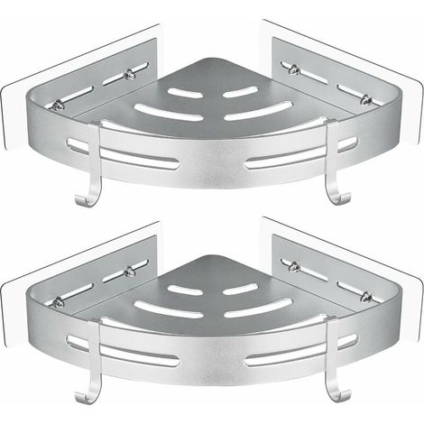 No Drilling Metal Corner Shower Shelf with 2 Hooks, Shower Shelf and Storage, for Bathroom Items 2 Pieces (Silver) (1/5)