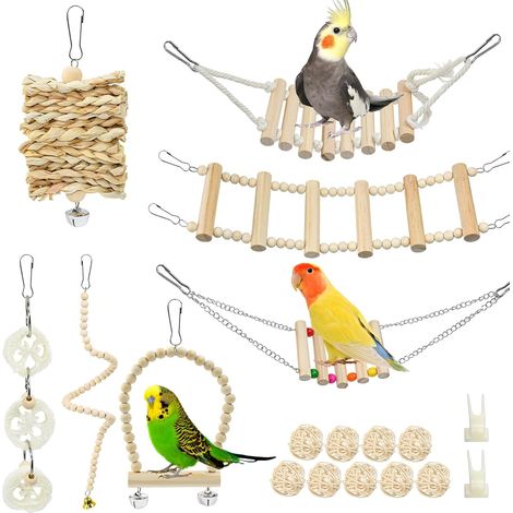 19PCS Jouet pour Oiseaux en Cage, Jouets en Bois Naturel Suspendus, Hamac, Échelle en Bois, Jouets à Mâcher pour Oiseaux, Accessoire de Cage à Oiseau pour Perruches et Inséparables (1/5)
