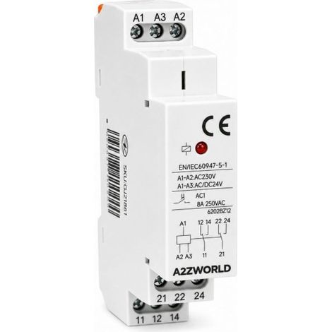 Relè Intermedio Modulare AC230V AC/DC24V, per Guida DIN, Indicatore LED, 1 Modulo, Contatti SPDT, per Automazione Quadri Elettrici (2X8A)